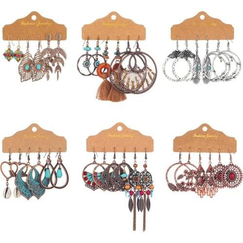 Vintage Boho Geometry Round Flower Leaf Resin Bead Drop Earrings Indian Ethnic Multicolor Crystal Tassel Long Earrings Jewelry