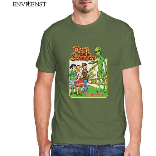 Funny Don’t Talk to Strangers Retro T Shirt Men Clothing 100% Cotton Aliens Comics Graphic Tees Mens Harajuku Tshirt Streetwear