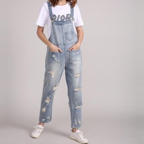 Big Size 5XL Bib Jeans Women Denim Overalls Fashion Cowboy Harem pants Jumpsuits Ripped holes Distressed Rompers American Jeans