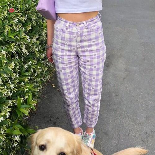 Tossy Purple Plaid Y2k Aesthetic Jeans Women High Waist Straight Pants Trousers Casual Floral Printed Korean E-girl 2021 New