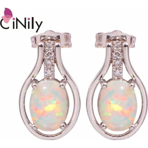 CiNily Created White Fire Opal Cubic Zirconia Silver Plated Wholesale Fashion for Women Jewelry Stud Earrings 16mm OH3551