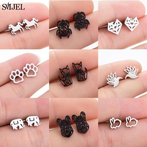 SMJEL Stainless Steel Animal Stud Earrings Women Cute Unicorn Dog Paw Bird Rabbit Mini Earings Jewelry Dinosaur Accessories Gift