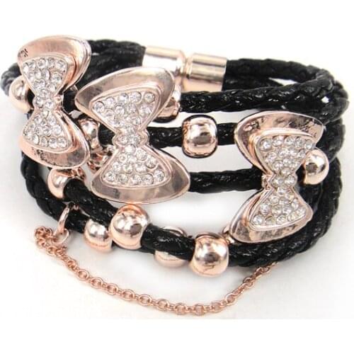 Free Shipping Hot Sell Leather Wrap Bracelet for Women Crystal Bowknot Charm Bracelet Bangle