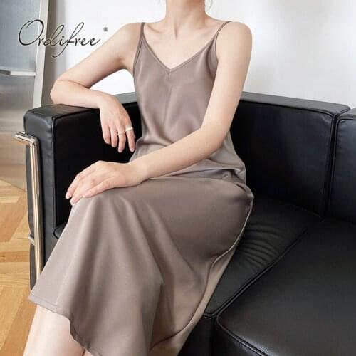 Ordifree 2021 Summer Elegant Women Satin Slip Dress Spaghetti Strap Silk Maxi Basic Dress Long Sexy Party Dress