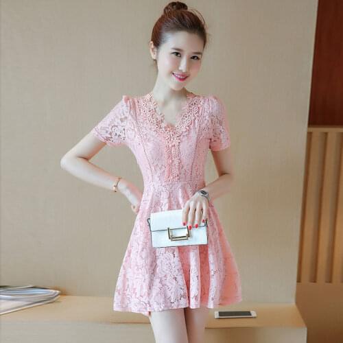 2021 spring and summer fashion Korean girl temperament short-sleeved thin pure color casual lace dress women