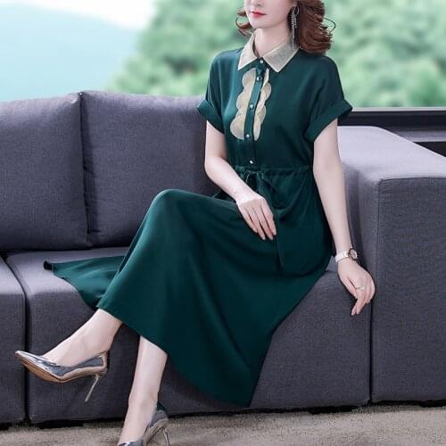 Summer Vintage Green Mulberry Silk Satin Korean Dress 2021 Casual Solid 4XL Plus Size Midi Sundress Elegant Women Party Vestidos