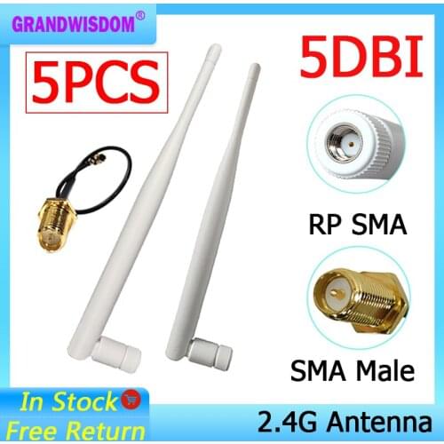 5pcs 2.4GHz WiFi Antenna 5dBi Aerial RP-SMA Male 2.4 ghz antena wi-fi Router +21cm PCI U.FL IPX to SMA Male Pigtail Cable