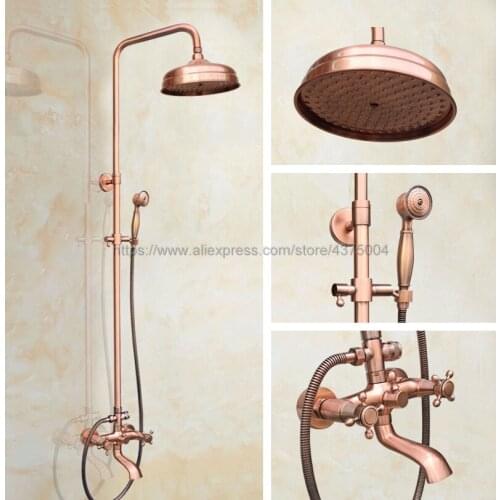 Antique Red Copper Bathroom Shower Faucet Set Dual Cross Handles 8" Rainfall Shower System with Tub Spout + Handshower Nrg511