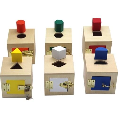 Montessori wooden toys Lock Box Shape Matching Kids Wooden lock Box 6 in 1 Learning Wooden Montessori Materials toys