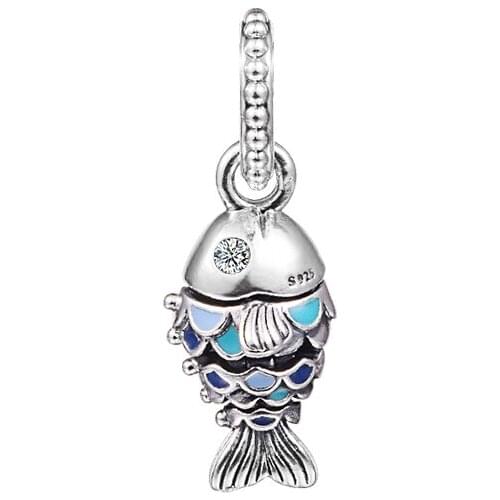 DIY Fits for Pandora Charms Bracelets Blue Scaled Fish Beads 100% 925 Sterling-Silver-Jewelry Free Shipping