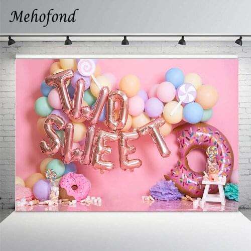 Mehofond Two Sweet Donuts Photography Background Pink Balloons Lollipop Candy Girl 2nd Birthday Backdrop Poster For Photo Studio