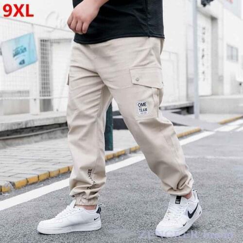 9XL overalls mens casual trousers trend summer thin section plus size sports beam feet nine points men Cargo Pants