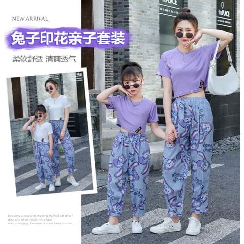 Parent-child outfit foreign style print rabbit split suit rabbit pattern trousers two pieces of children fashion mother and daug