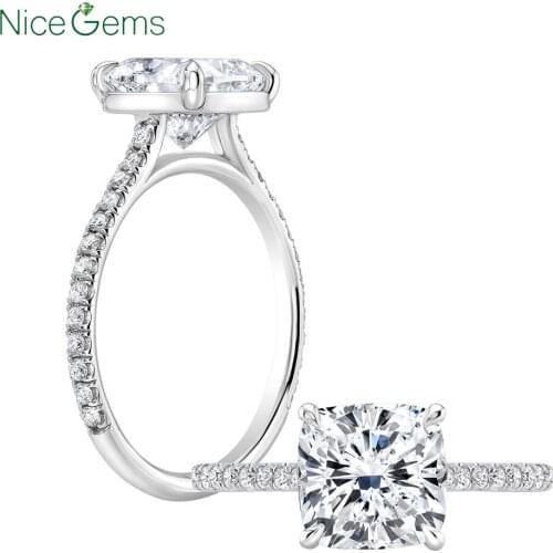 NiceGems 1.4ct 14k White or Rose Gold DF Color Cushion Cut Moissanite Engagement Ring Pave setting Eternity Band for woman gift