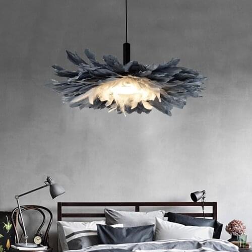 New Nordic Gray Feather Pendant Lamp Bedroom LED Chandelier Warm Art Childrens Lamp Creative Personality Study Hanging Lamp
