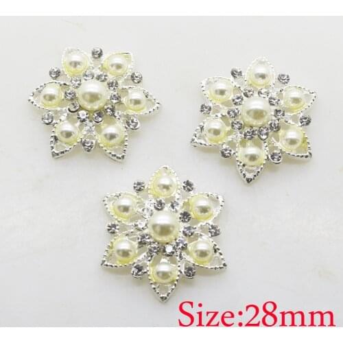 New 10pcs 28mm Flower flat back ivory pearl buttons metal Rhinestone button DIY craft decor button Wedding embelishment button