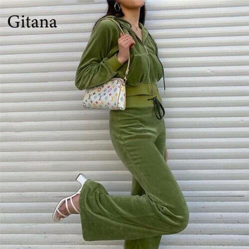 Gitana Autumn Velvet Women Tracksuit Casual Hoodies And Wide Leg Pants Y2K Streetwear Matching Suit Fashion Sweatshirt Set 2021