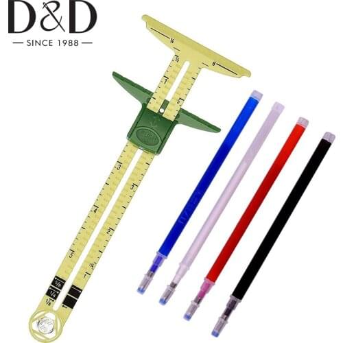 5-in-1 Sliding Gauge Plastic T-Shaped Hem Gauge Measuring Ruler with 4 Colors Heat Erase Pens for Sewing Quilting Crafts