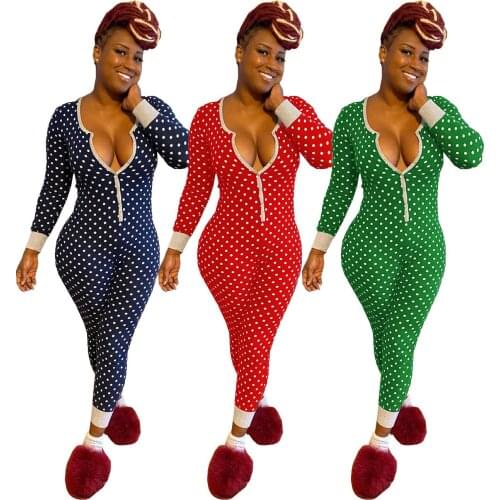 Christmas Long Sleeve One-piece Pant Wave Point Pajamas Print Winter Women Jumpsuit Romper Festival Bodycon Playsuit Wholesale