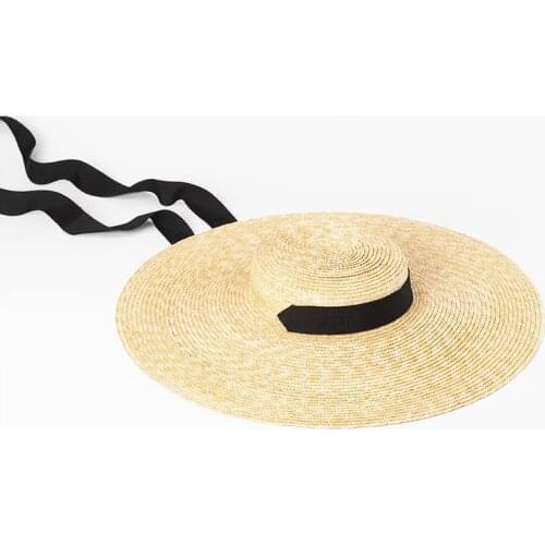 RH Natural black Color Flat Top Summer Beach Fedora Hat Wide Brim Sunshade Short height Wheat Straw hat with stripe