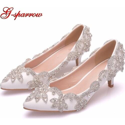 2 Inches Middle Heel Wedding Shoes White Color Rhinestone Nightclub Dancing Shoes Mother of the Bride Shoes Kitten heel size 43