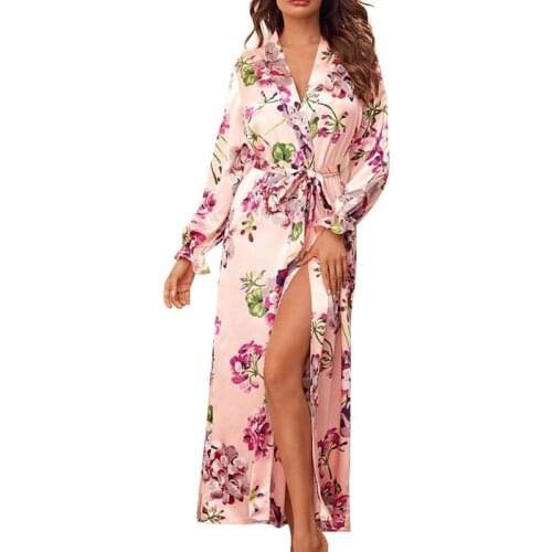 2020 Women Robes Winter Elegant Ladies V-Neck Floral Print Sleepdress Female Long Sleeve New Nightdress Clothing