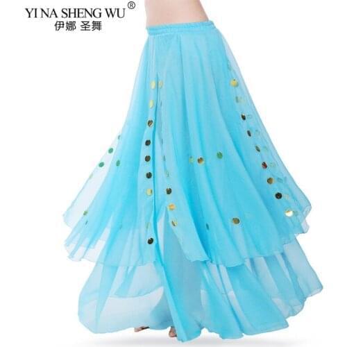 Women Belly Dance Costume Skirt Chiffon OrientalDance Sequin Performance Stage Show Skirt India Sexy BellyDance Long Swing Skirt