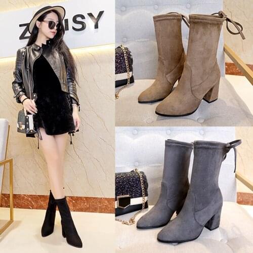 Ladies black socks boots 2019 fashion spring and autumn stretch boots thick with high heels pointed comfortable womens boots