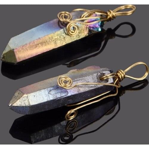 Women Jewelry Gold Color Handmade Wire Wrap Flower Original Quartz Stone Rainbow Metallic Plating Natural Quartz Stone Pendants