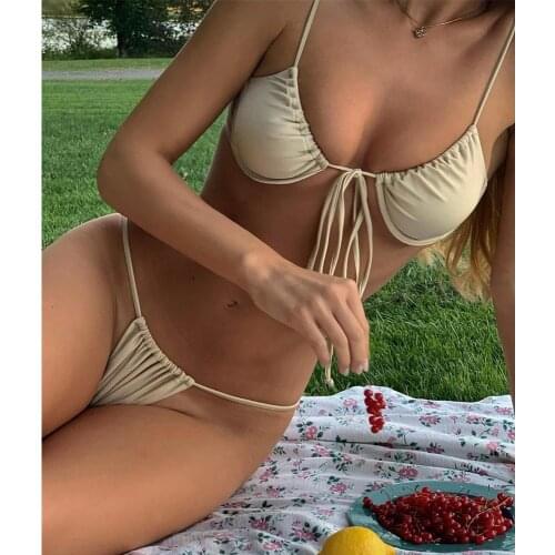 Selfree Spaghetti Strap Print Sexy Bikini Micro Women Swimwear Brazilian Solid Push-up Swimwear Beachwear Sexy Bikini Suit