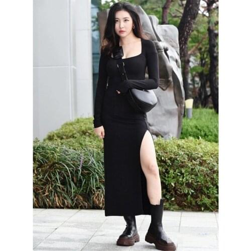 Black Solid Bodycon Dress Women 2021 Sexy High Split Knit Dresses Spring Autumn Square Collar Fashion Long Sleeve Vestidos