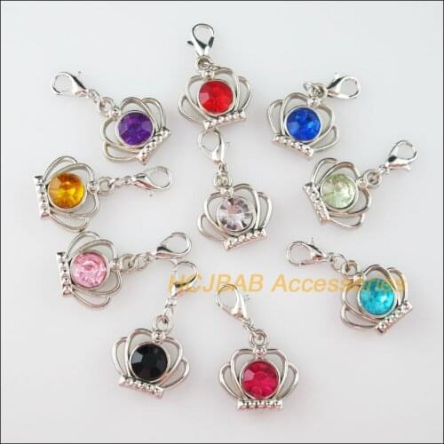 10 New Crown Charms With Lobster Claw Clasps Dull Silver Plated Mixed Crystal 19mm