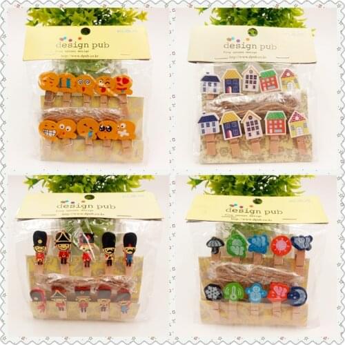 10pcs Kawaii Smiley face house Wooden Clips Photo Paper Craft Memo Clip With Hemp Rope DIY Clothes Peg Decoration Office Binding