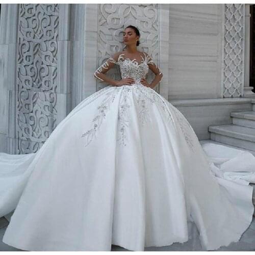 2021 Luxury Arabic Ball Gown Wedding Dresses Beaded Jewel Lace Appliqued Long Sleeve Modest Bridal Gowns Customed Vestidos