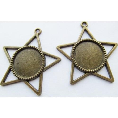50pcs Antique Silver/Bronze Five Pointed Star Round Base Setting Tray Bezel Pendant Charm/Finding,Fit 18mm Cabochon/Cameo