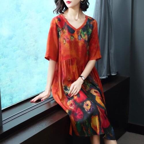 AYUNSUE Women Summer Silk Casual Dress Elegant Print Plus Size Dress V Neck Floral Womens Dresses Vintage Vestido 2020 KJ1854