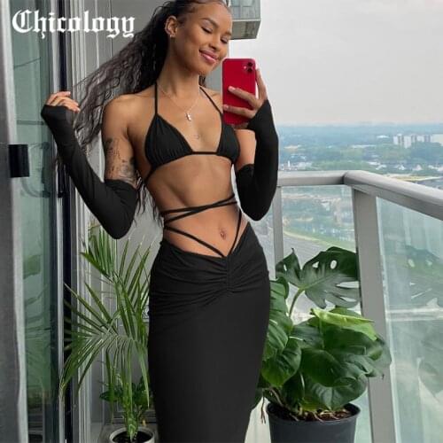 Chicology Women Summer 2021 Sexy 2 Pieces Sets Bandage Tie Hollow Out Evening Party Club Fashion Drawstring Slit Side Clothes