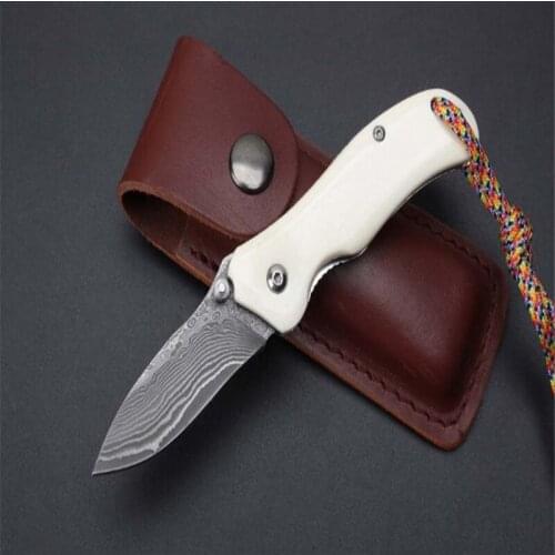 Damascus ZT animal bone small folding knife with nylon sleeve Outdoor Self-Defense Field survival knife multifunctional tool
