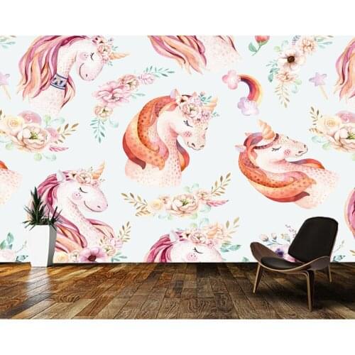 Custom papel de parede infantil,Pink watercolour unicorn flower for living room bedroom sofa background decoration wallpaper