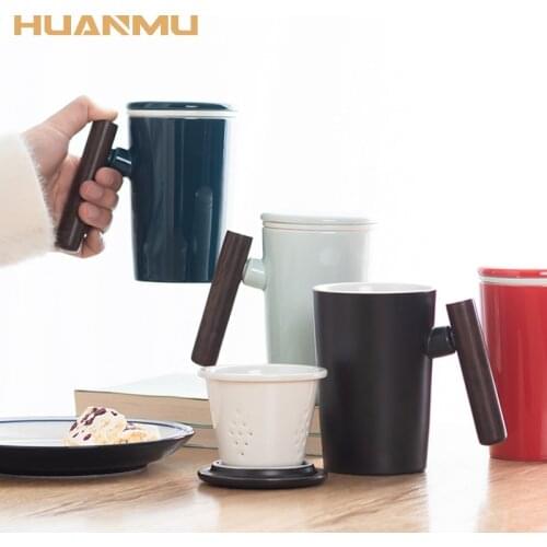 Mug with Tea Filter Ceramic Flower Tea Cup with Wooden Handle Cup Creative Water Cup with Lid Office Teacup Friend Gift