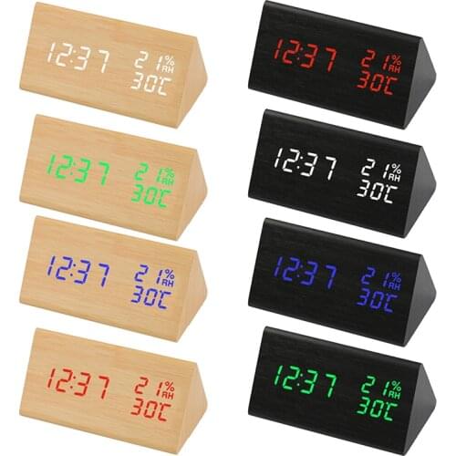 Multicolor Sound Control Wooden LED Alarm Clock Desktop Table Clock Digital Clock With Temperature Wood Date Display