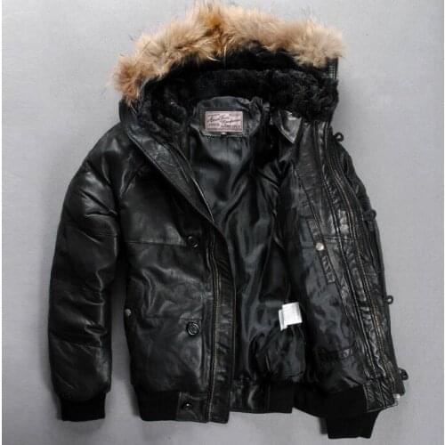 Fly hooded genuine down jacket men Russia fur hat winter leather coat mens sheepkin brand bomber jackets