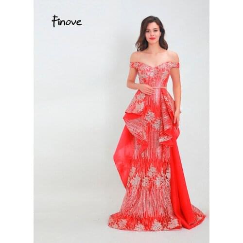 Finove Prom Dress 2020 New Long Chic Pleat A Line Empire Tulle Sequined Sexy Off The Shoulder Woman Dress Vestido de fiesta