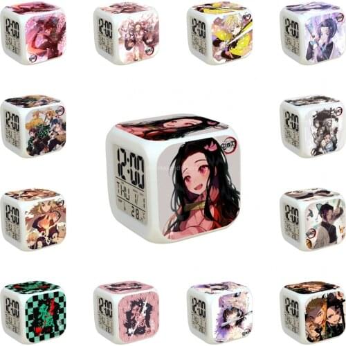 Pink Demon Slayer Anime Figure Alarm Clock Digital Led Children Cute Cartoon Home Decor Desk Clocks Square Dropshipping 7 Color
