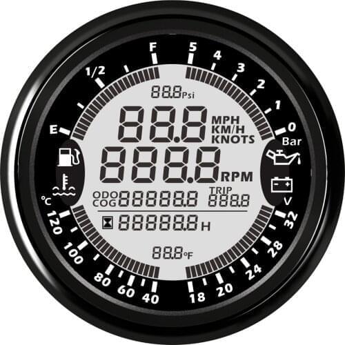 SAMDO 32V 5Bar 85mm 7 Backlight 6 in 1 GPS Speedometer Tachometer Hour Water Temp Fuel Level Oil Pressure Gauge IP68 Waterproof