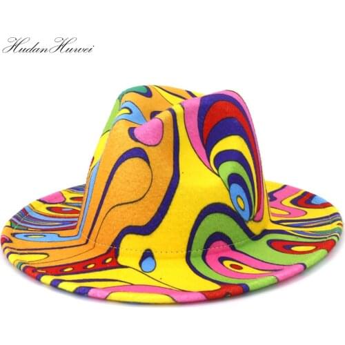 Party Travel Outerdoor Cowboy Spring Summer Fashion Wool Felt Fedora Hats Women Elegant Wide Brim Patchwork Graffiti Hat