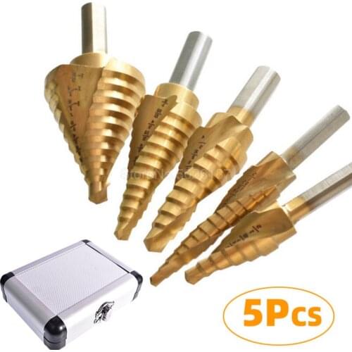 5PCS Pagoda Shape Step Core Drill Bit Triangle Shank Material Ti Coated Hole Cutter Tool For Metalworking Metal Spiral Flute