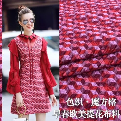 HLQON High quality printed yarn dyed jacquard brocade polyester pink fabric used for tissue women dress clothing patchwork