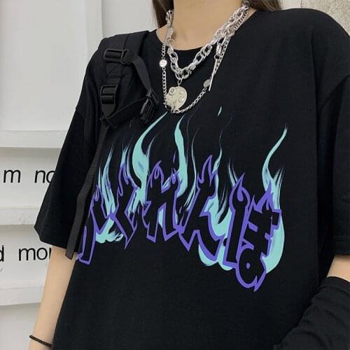 Punk Streetwear tops women Japan Hip-Hop Harajuku Casual Loose Gothic tees Summer Ulzzang girls chic vintage flame print T-shirt