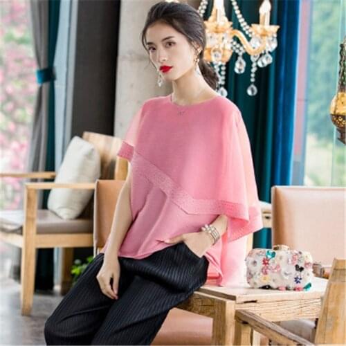 Miyake fashion all-match bat sleeve large size pleated T-shirt tops 2021 spring new womens fashion beaded loose T-shirt women